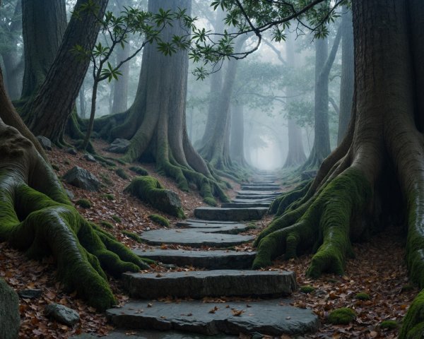 Serene Forest Path Surrounded by Towering Trees