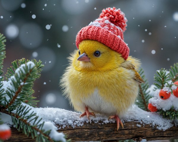 Yellow Bird on Snowy Branch with Red Hat and Snowflakes