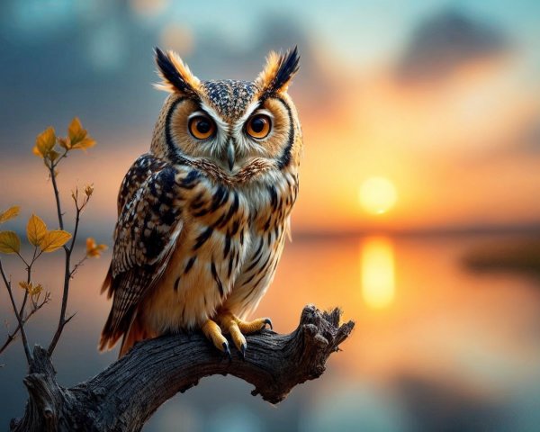 Majestic Owl at Sunset Over Calm Waters