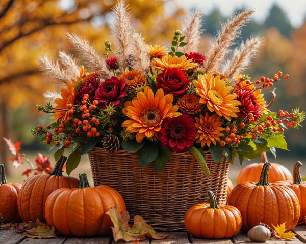 Autumn Floral Arrangement with Pumpkins and Leaves