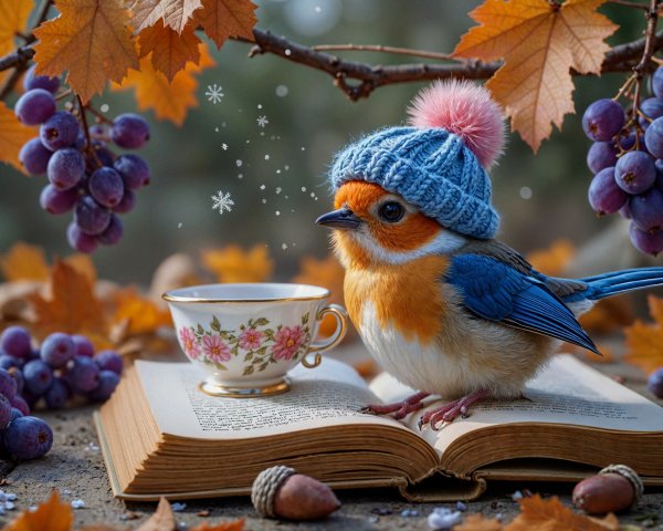 Bluebird in Knitted Hat on Book with Autumn Decor