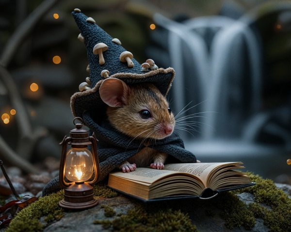 Mouse in Wizard Hat by Waterfall with Fairy Lights