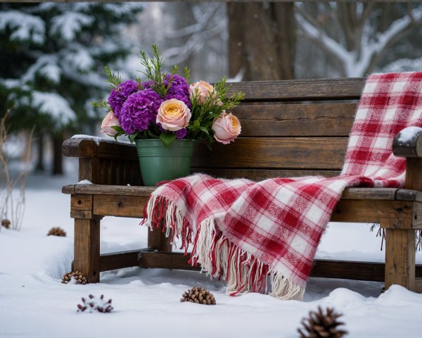 Rustic Wooden Bench in Snowy Landscape with Flowers