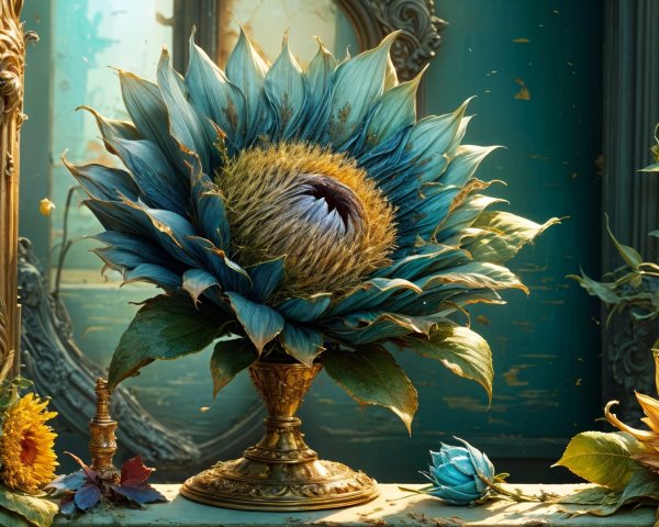 Oversized sunflower in ornate vase with colorful flowers