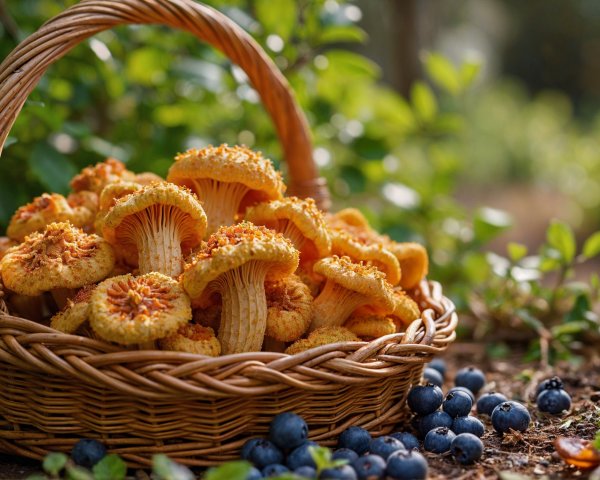 Woven Basket with Golden Mushrooms and Blueberries