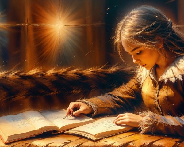 Young girl writing in a cozy, dimly lit room