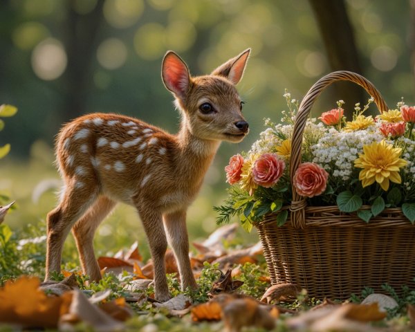 Fawn Beside Flower Basket in Serene Forest Setting