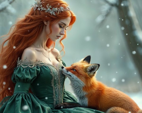 Snowy Forest Scene with Woman and Fox in Gown