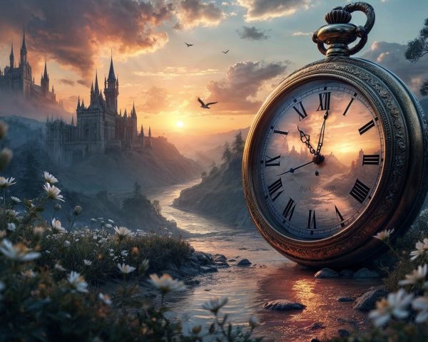 Ornate pocket watch in serene landscape with castle