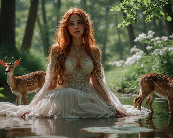 Young Woman in White Gown Sitting in Forest Stream