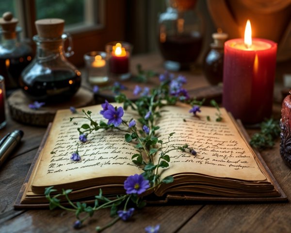 Antique Book on Rustic Table with Colored Bottles