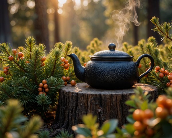 Black Teapot on Rustic Stump in Serene Forest Setting