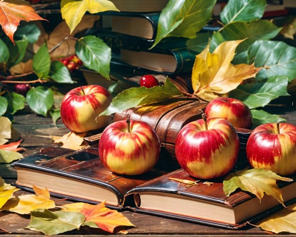 Autumn Scene with Apples and Vintage Books