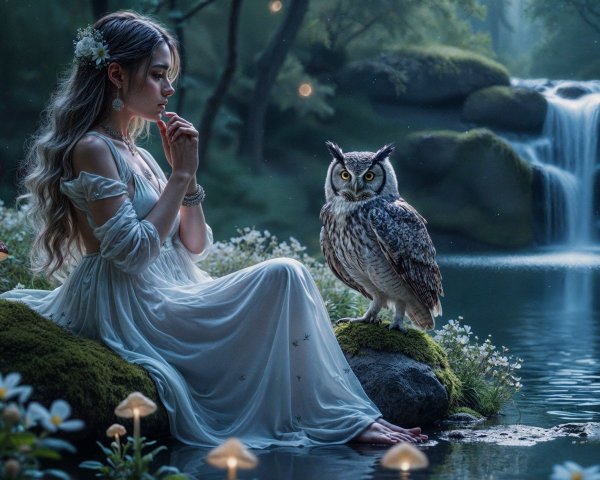 Young Woman by Pond with Owl in Serene Forest