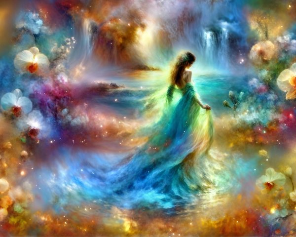 Mystical Scene of Woman by Tranquil Water and Orchids