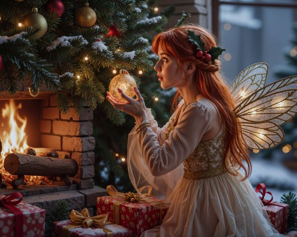 Fairy by Fireplace in Enchanting Holiday Scene