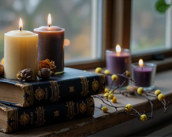 Cozy Window Scene with Vintage Books and Candles