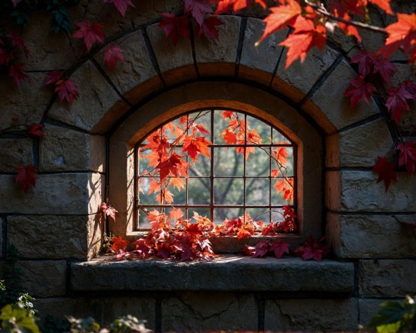 Stone Window Framed by Red Autumn Leaves and Sunlight