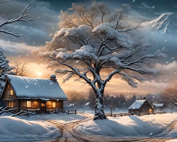 Cozy Cabin in Serene Winter Landscape at Dusk
