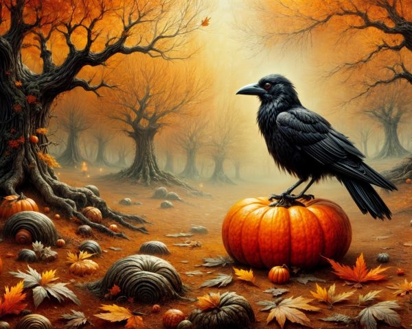 Raven on Pumpkin in Enchanted Autumn Forest Scene