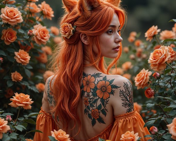 Young woman with orange hair in a rose garden