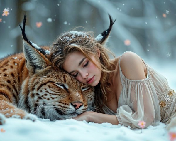 Winter Scene of Girl and Tiger in Snowy Landscape