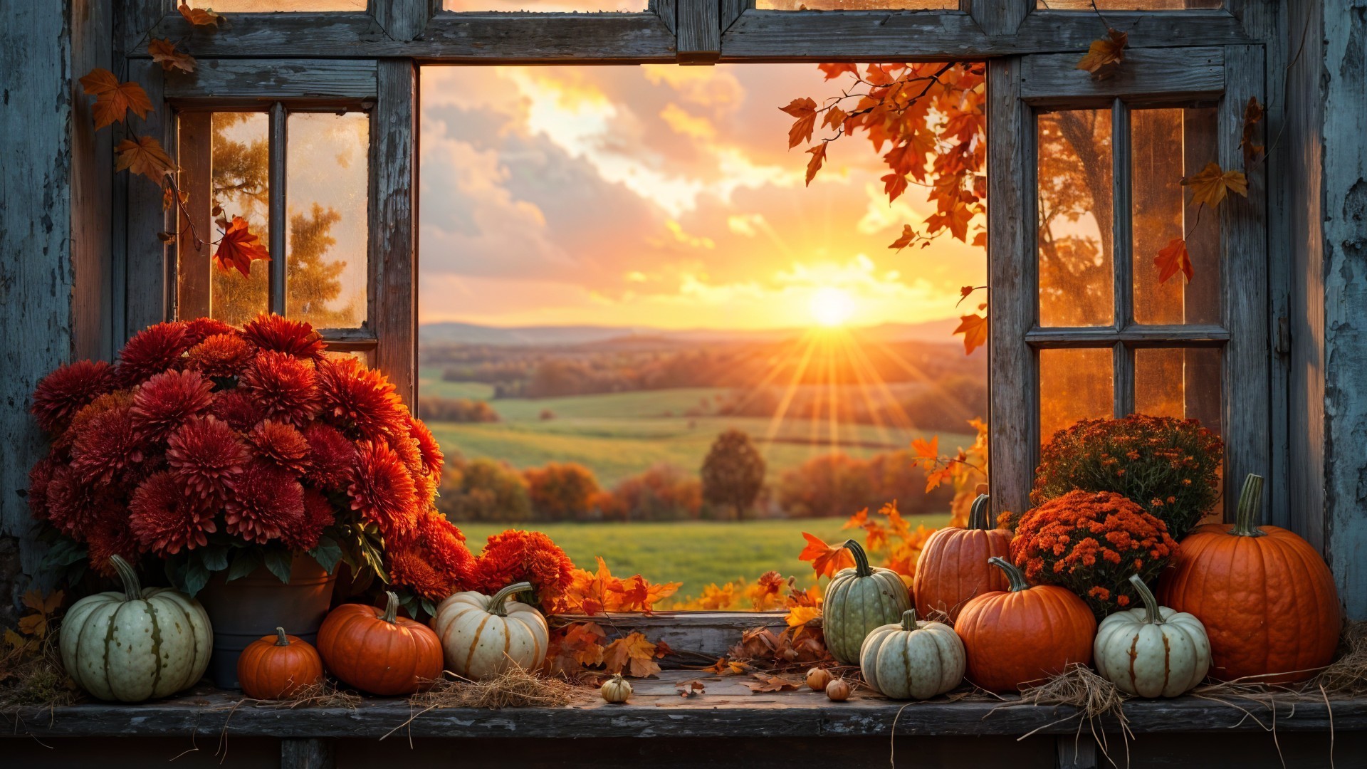 Rustic Window Framed by Autumn Foliage and Sunset