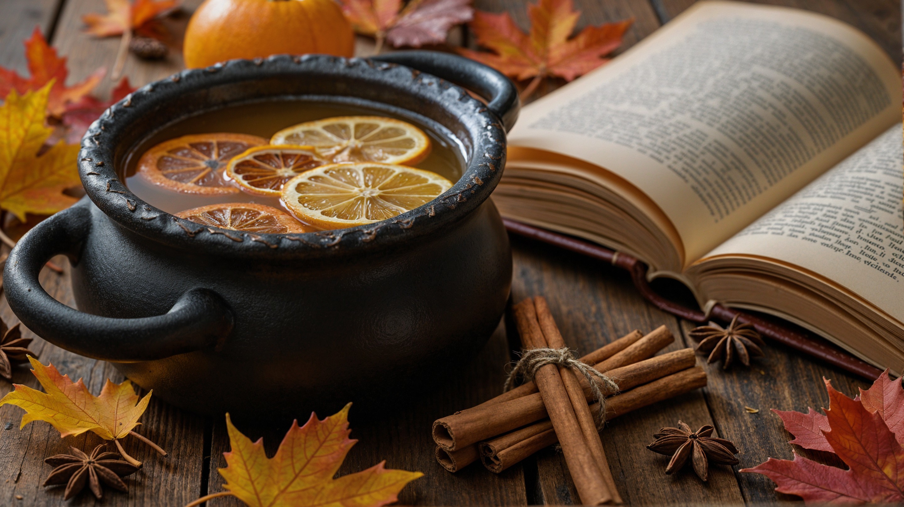 Rustic Black Pot with Spiced Beverage and Autumn Decor