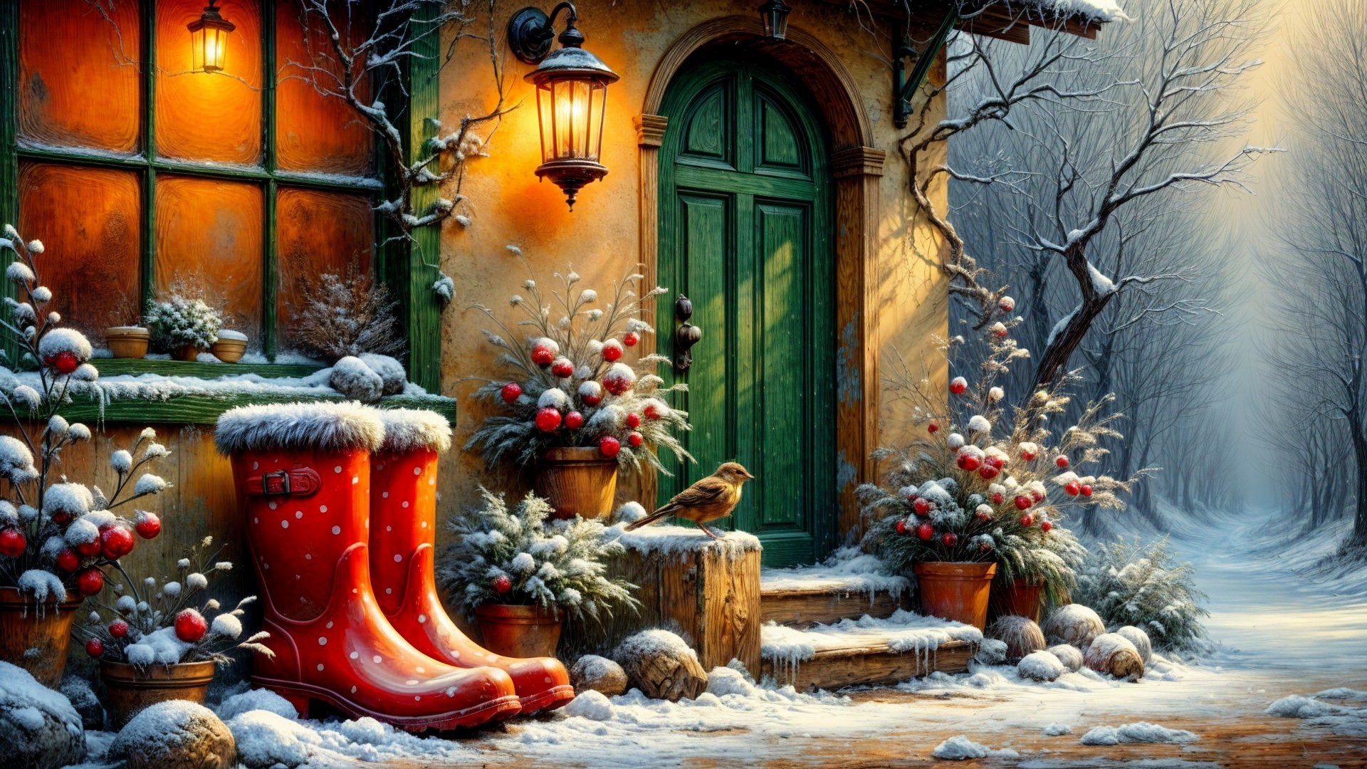 Snow-Covered Cottage with Green Door and Red Boots