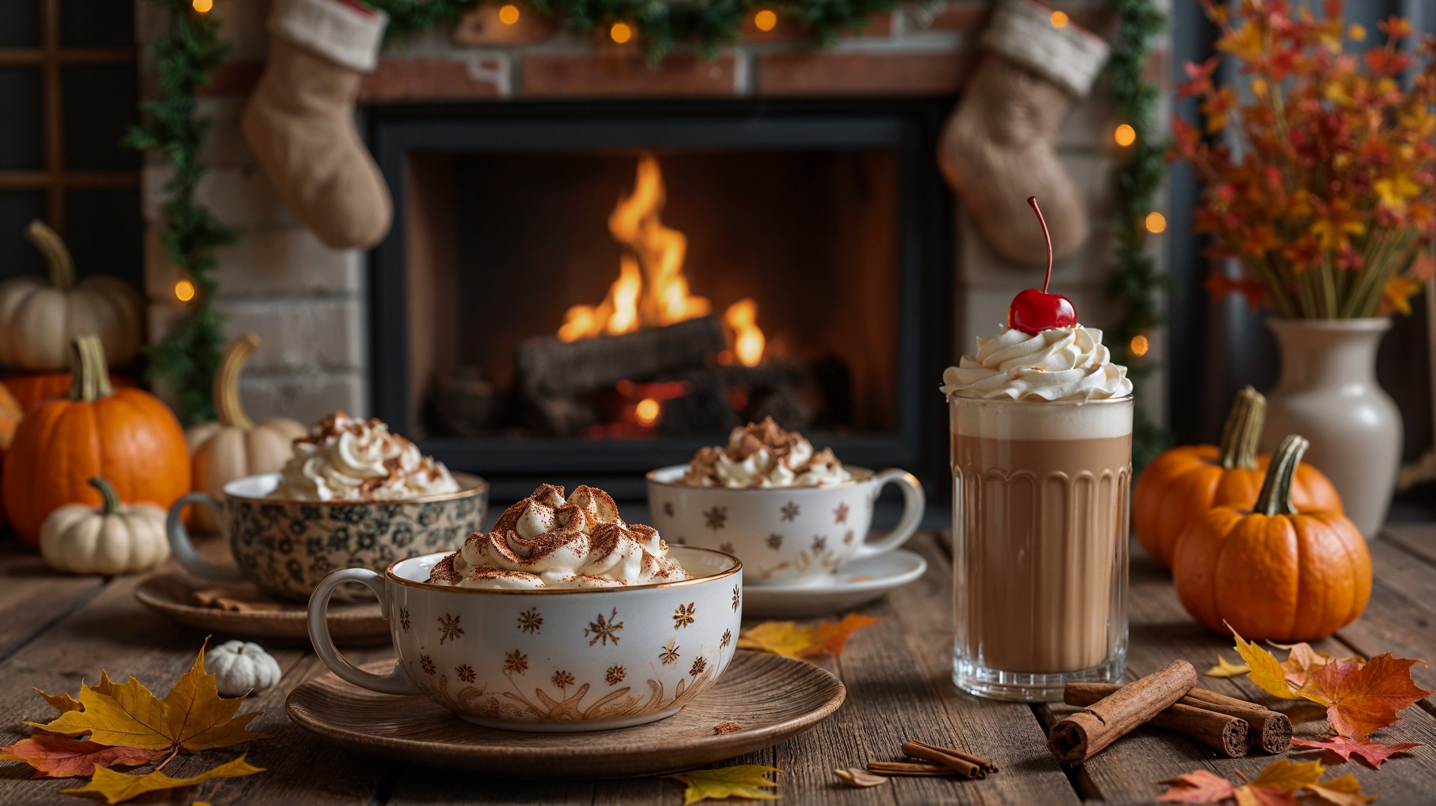 Cozy Autumn Scene with Fireplace and Seasonal Decor