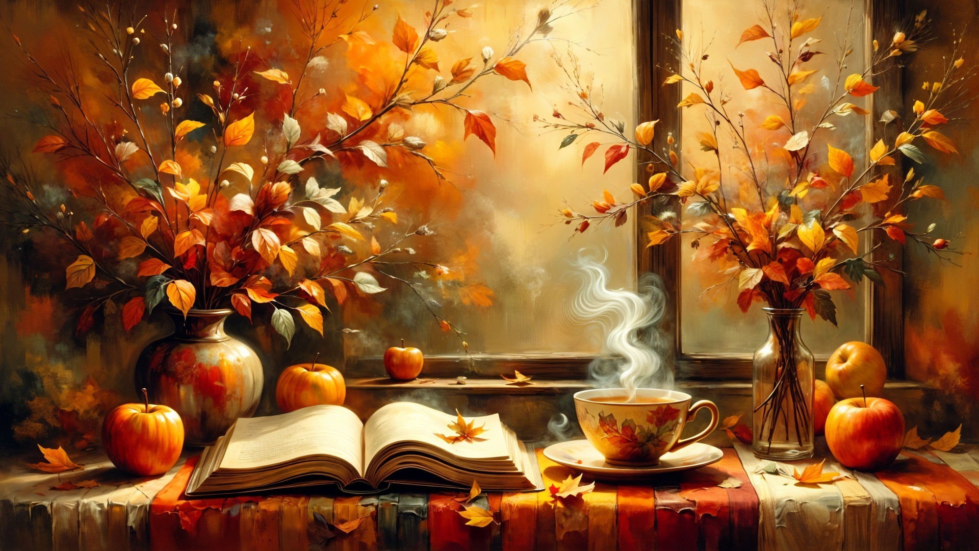 Cozy Autumn Scene with Book, Tea, and Fall Decor
