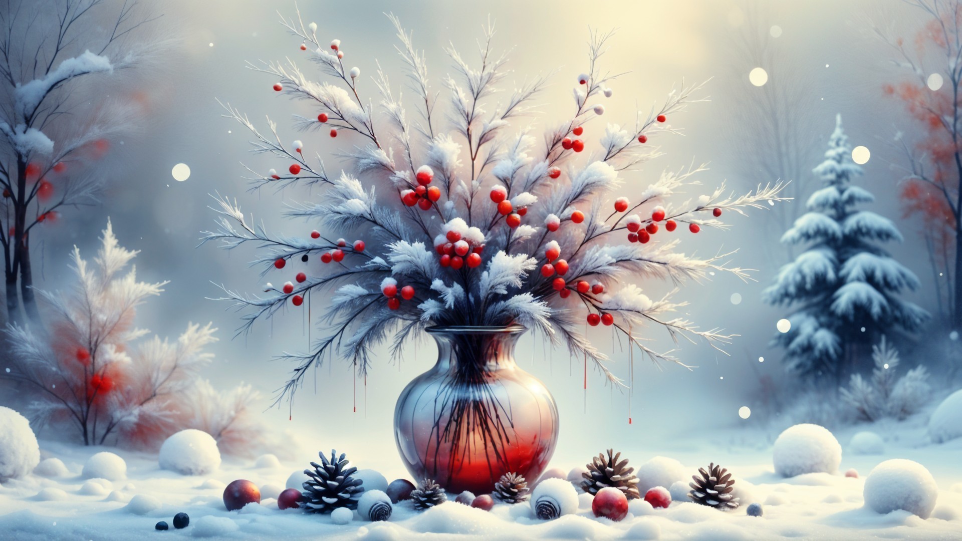 Winter Still Life with Frosted Branches and Berries