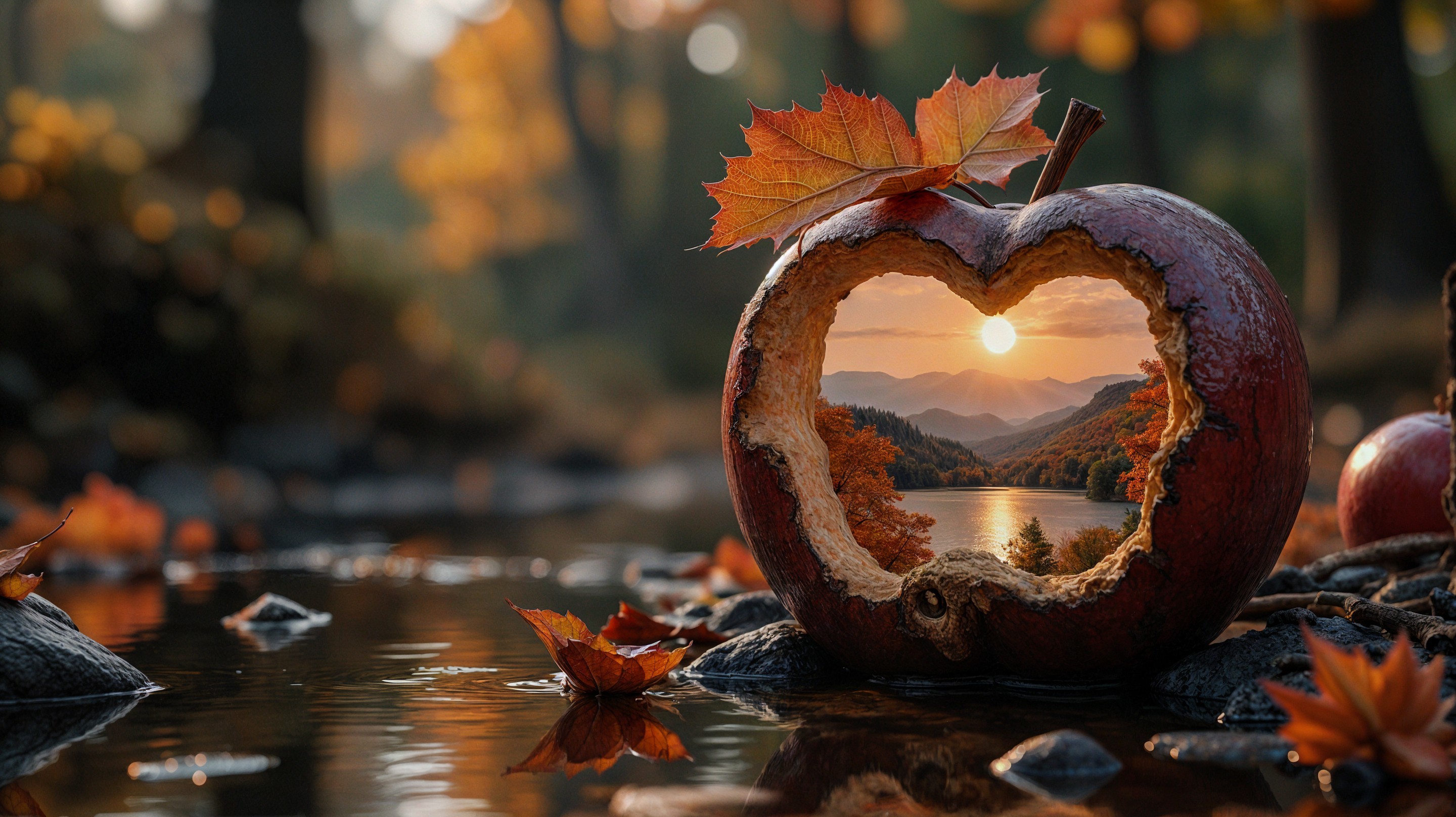 Apple with Heart-Shaped Cut in Autumn Landscape
