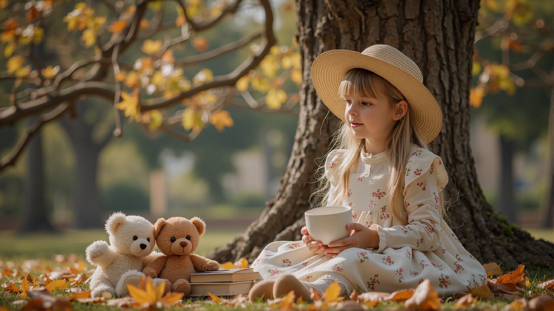 Young Girl Under Autumn Tree with Teddy Bears and Book