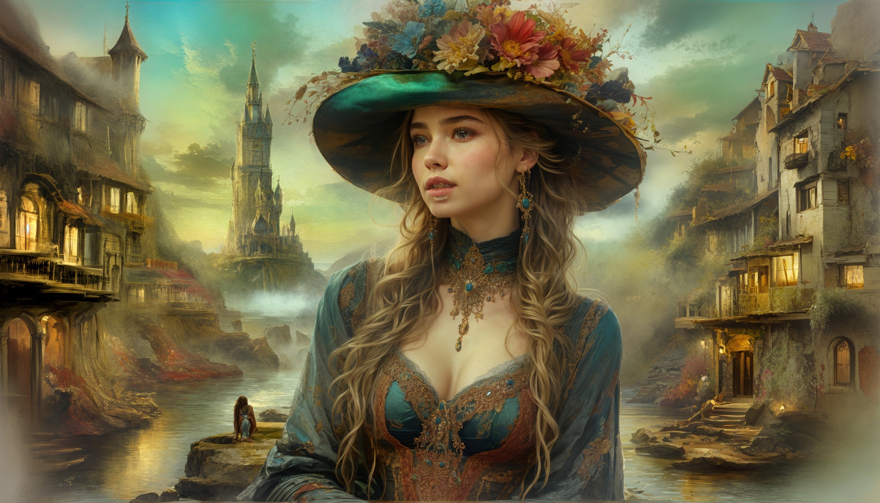 Young Woman in Floral Hat Against Quaint Village Scene