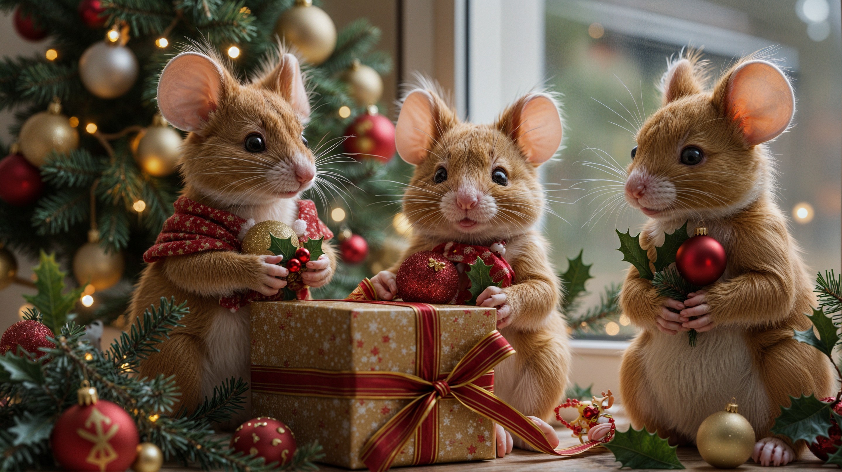 Mice in Scarves Celebrate Christmas with Gift and Ornaments