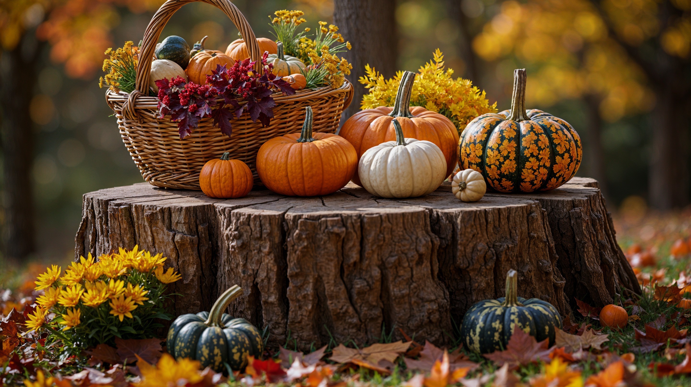 Rustic Wooden Stump Displaying Autumn Harvest Decor