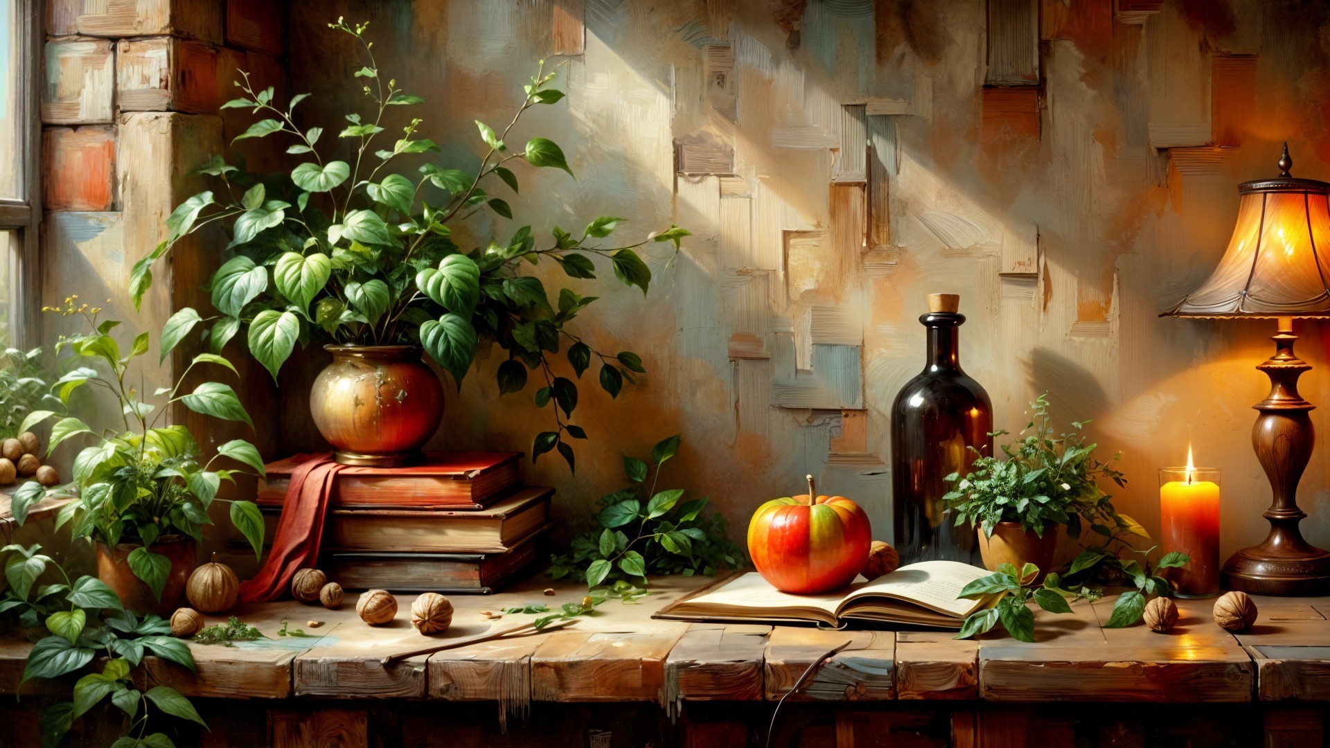 Cozy Indoor Scene with Plants and Warm Lighting