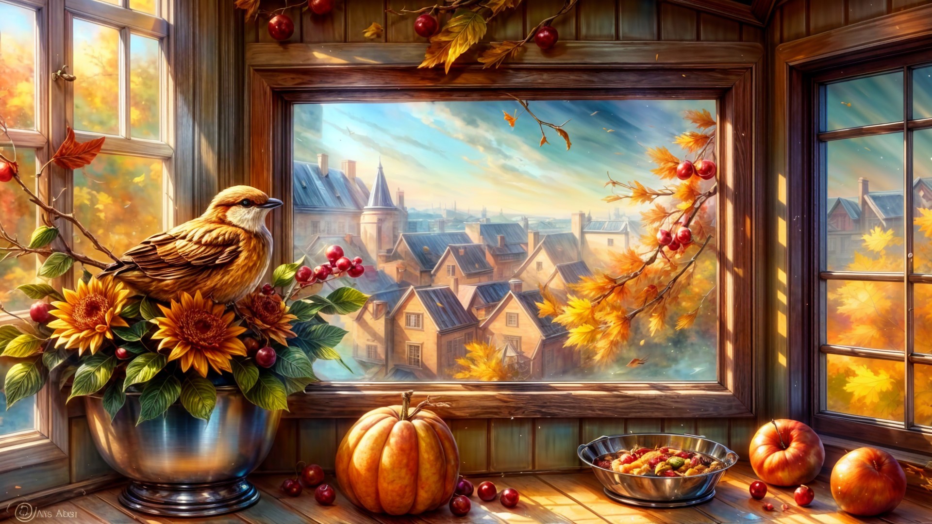 Cozy Autumn Window Scene with Sunflowers and Pumpkin