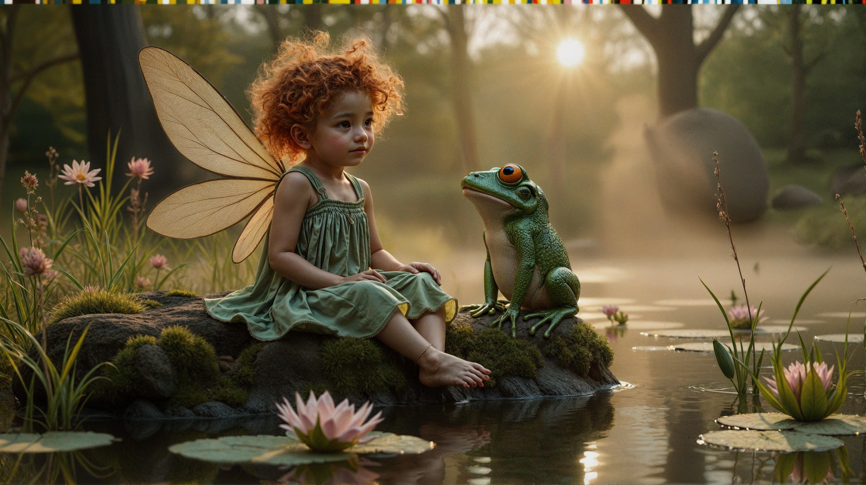 Young girl with wings by a pond with a frog