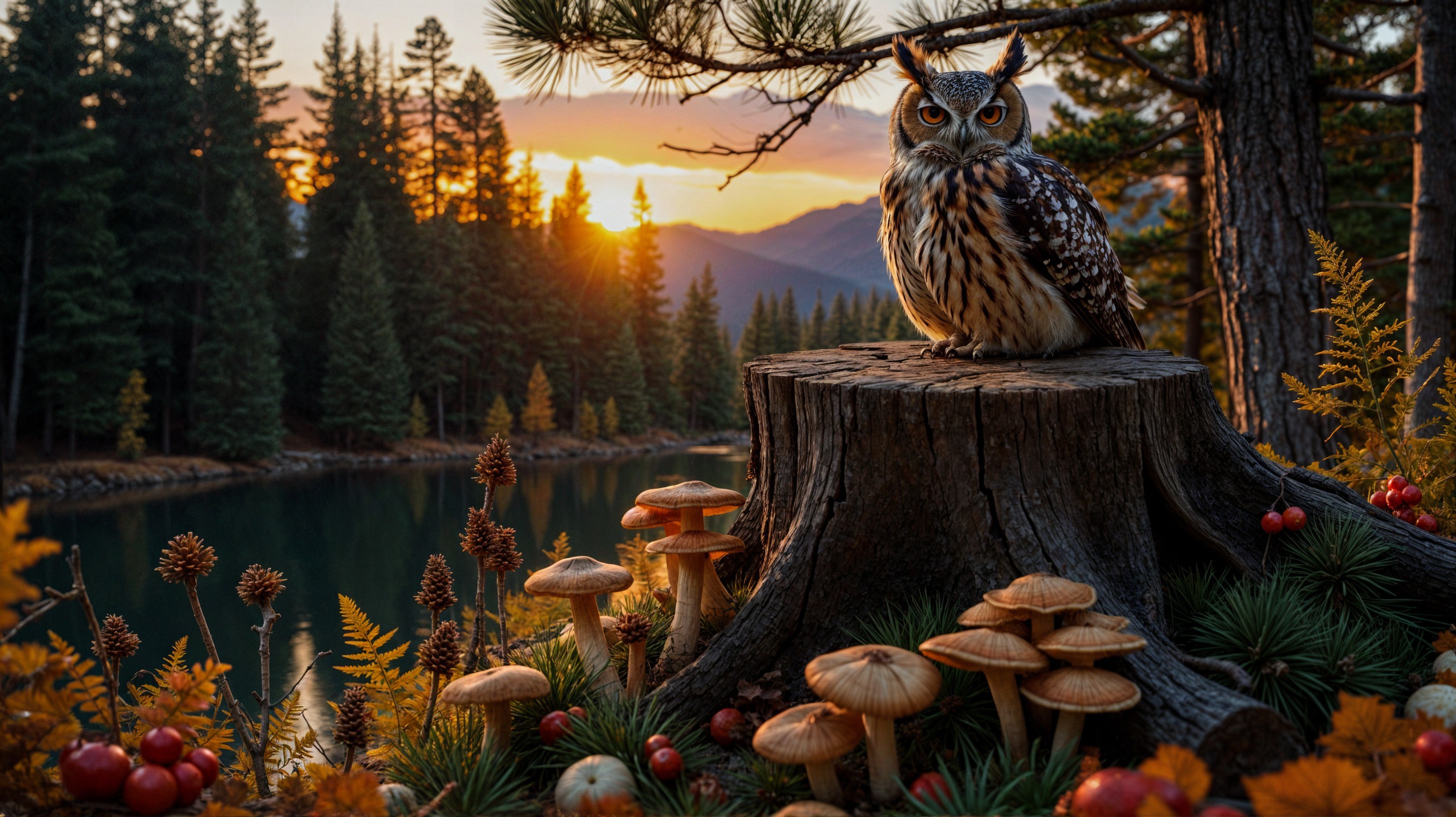 Owl on Tree Stump by Autumn Lake at Sunset