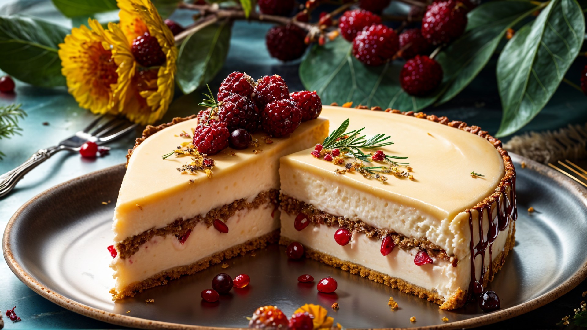 Layered cheesecake with raspberries and pomegranate seeds
