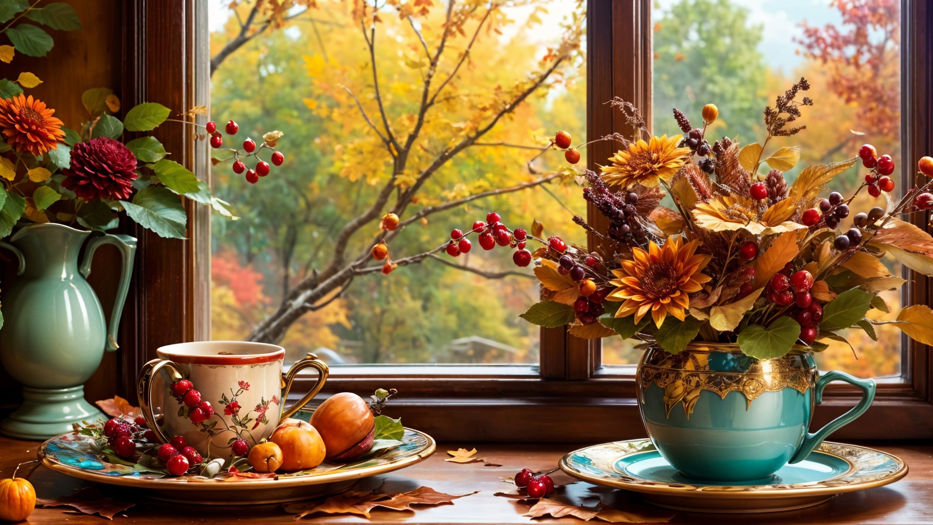 Cozy Autumn Window Sill with Flowers and Decor