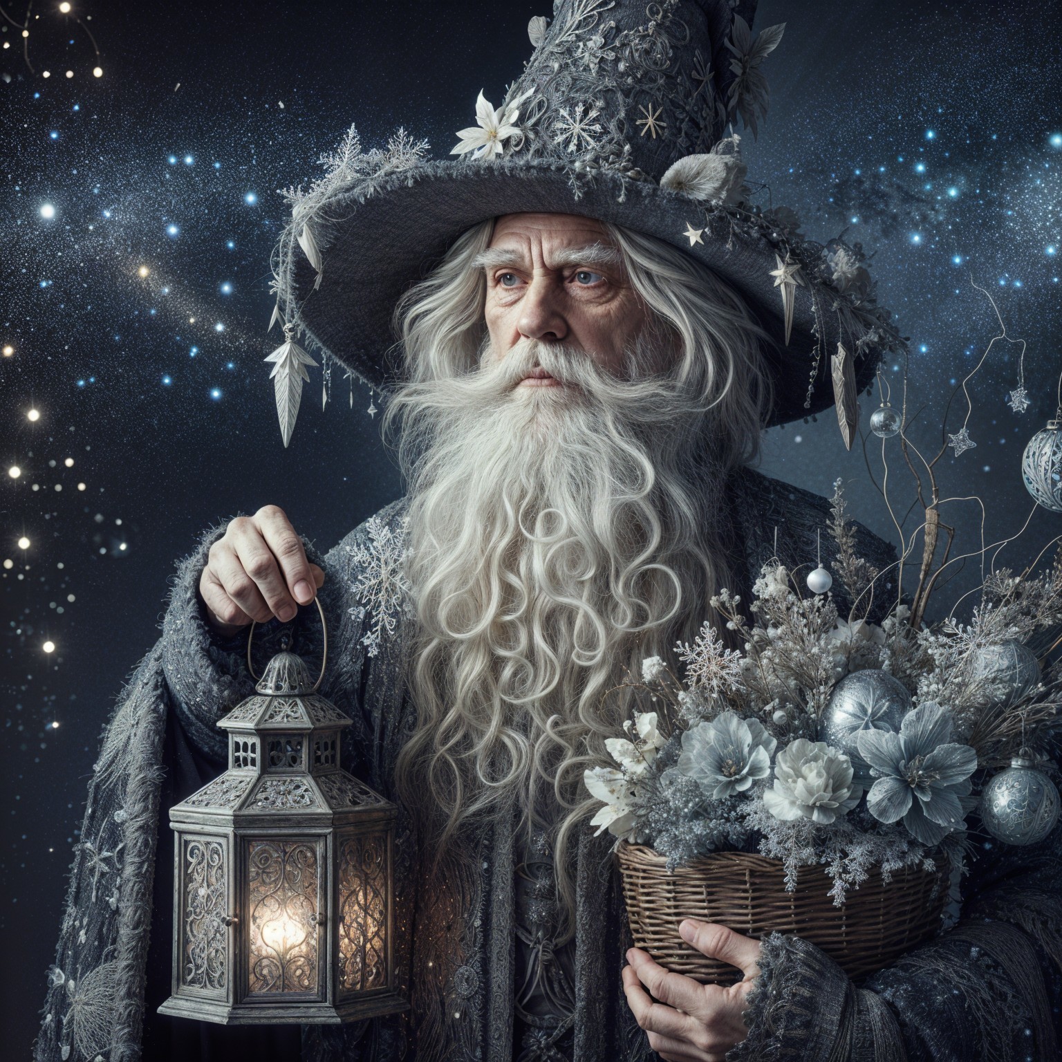 Mystical Figure in Gray Robe with Lantern and Ornaments