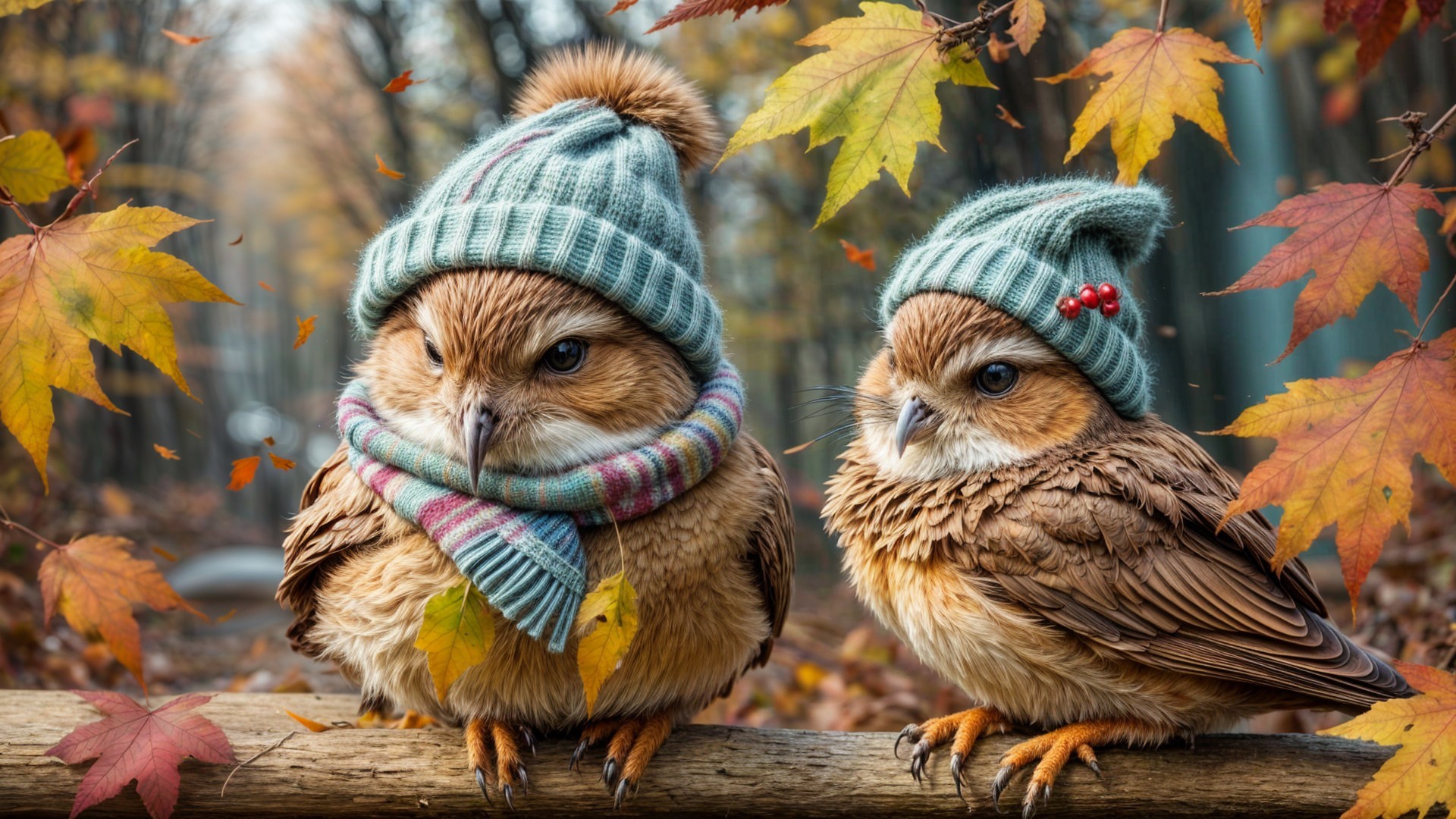 Owls in Sweaters Amidst Autumn Leaves and Sunlight