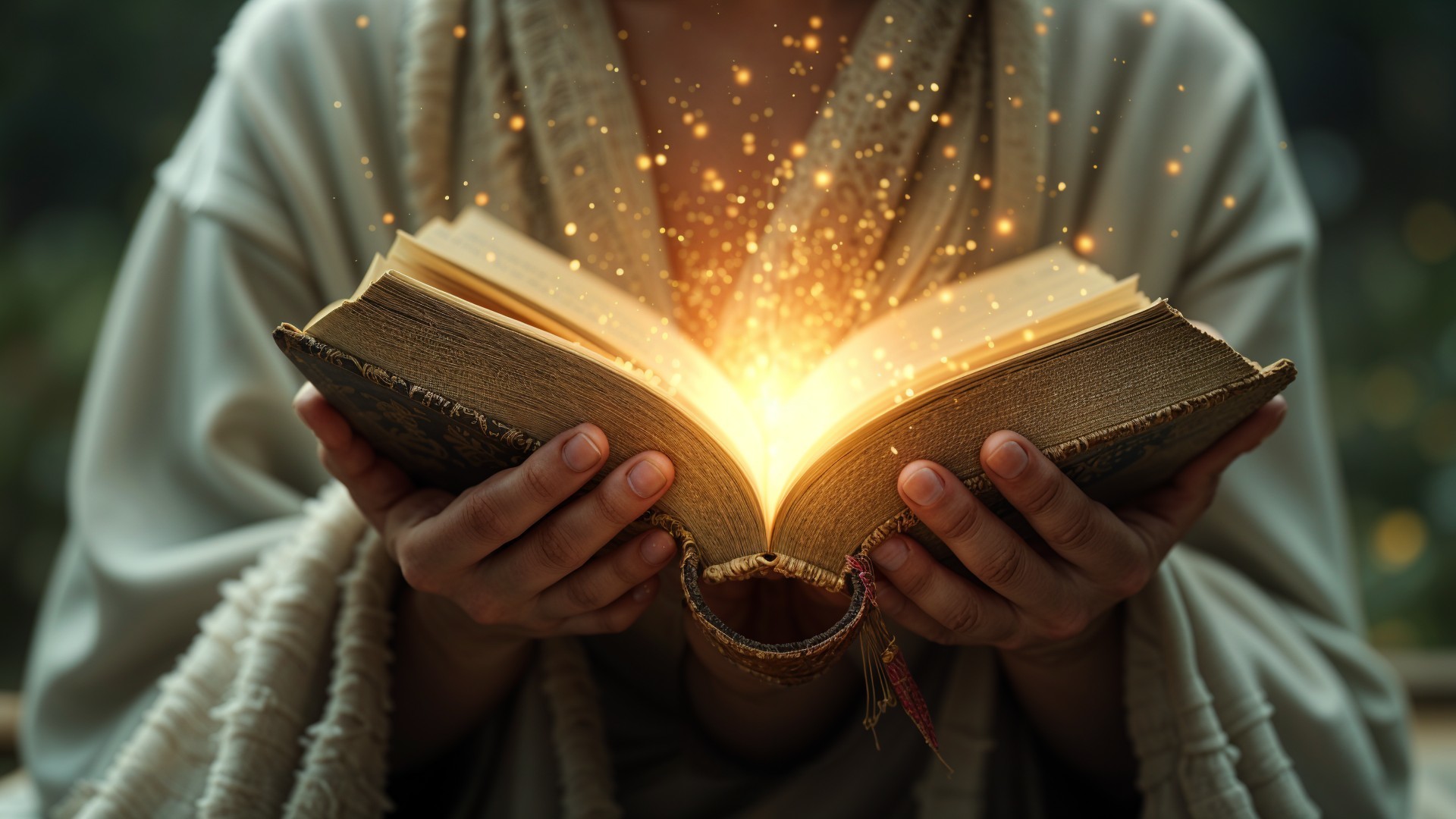 Person in gentle clothing holds a glowing ancient book