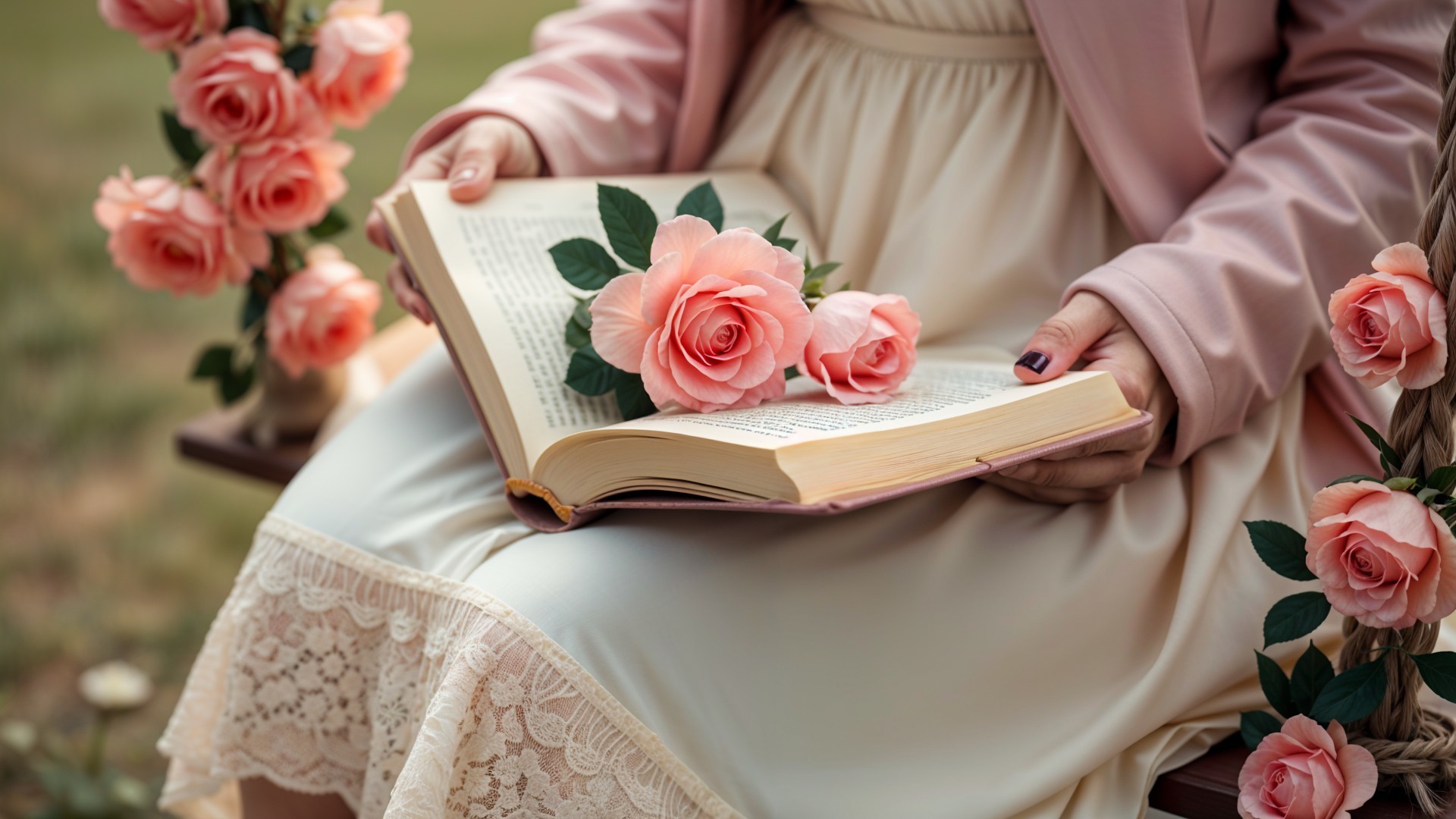Person in Light Dress with Book and Pink Roses