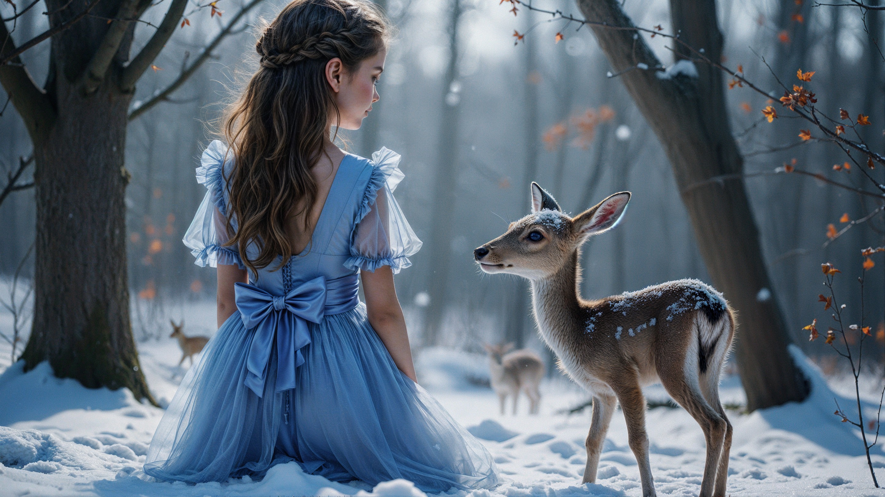 Young Girl and Fawn in Winter Forest Setting