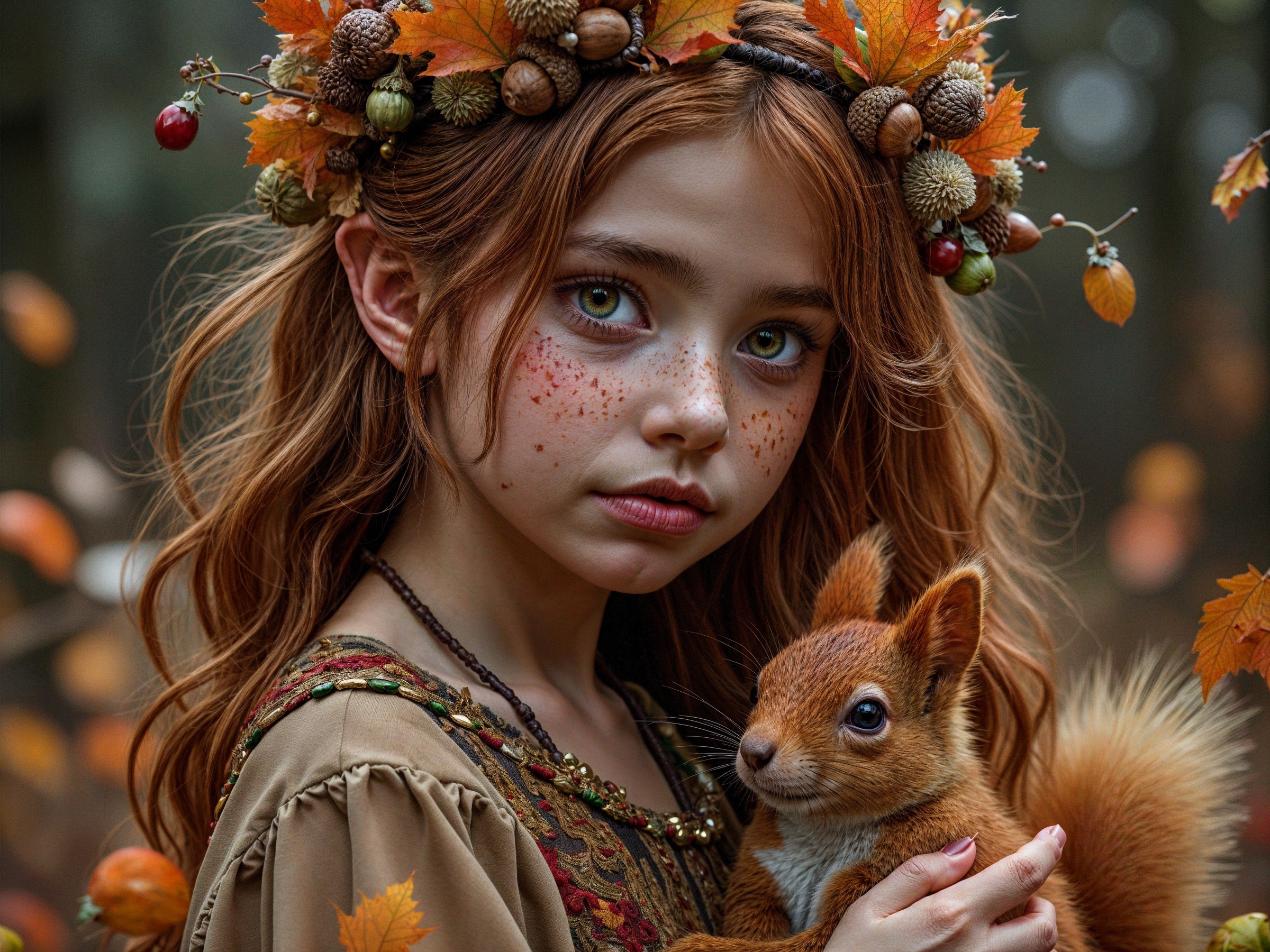 Young girl in a forest with autumn leaves and squirrel