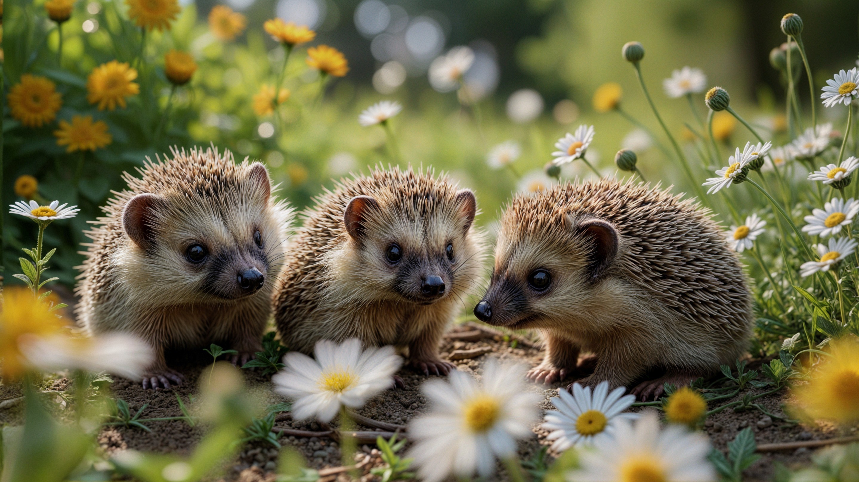Hedgehogs Among Vibrant Daisies and Wildflowers